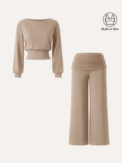 Oglmove 2pcs Set Boatneck Bra & Drapey Wide Leg Pull-on Pants With Pockets In Chamois
