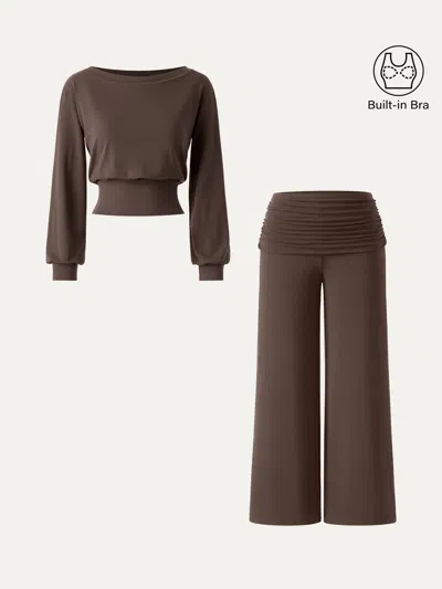 Oglmove 2pcs Set Boatneck Bra & Drapey Wide Leg Pull-on Pants With Pockets In Dark Brunette