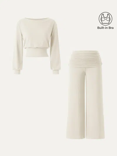 Oglmove 2pcs Set Boatneck Bra & Drapey Wide Leg Pull-on Pants With Pockets In Milk Cream Beige