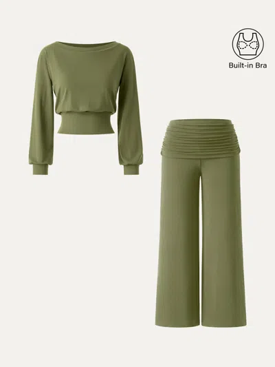 Oglmove 2pcs Set Boatneck Bra & Drapey Wide Leg Pull-on Pants With Pockets In Olive Oil