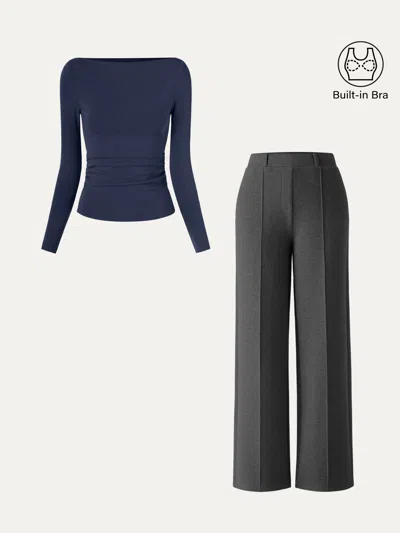 Oglmove 2pcs Set Boatneck Bra Top & High Waisted Straigh Leg Pant In Blue