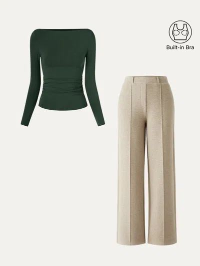 Oglmove 2pcs Set Boatneck Bra Top & High Waisted Straigh Leg Pant In Deep Bush/heather Morganite