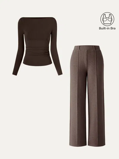 Oglmove 2pcs Set Boatneck Bra Top & High Waisted Straigh Leg Pant In Espresso/chocolate Brown