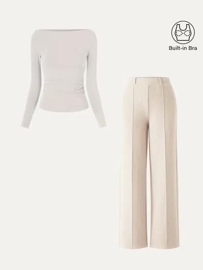 Oglmove 2pcs Set Boatneck Bra Top & High Waisted Straigh Leg Pant In Morning Mist/heather Beige