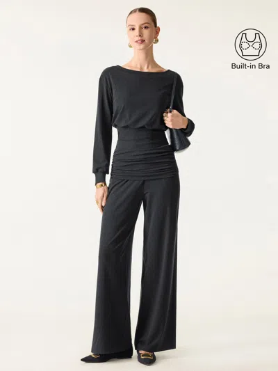 Oglmove 2pcs Set Boatneck Brami & Drapey Wide Leg Pull-on Pants With Pockets In Heather Black
