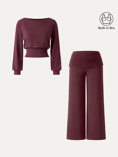 Oglmove 2pcs Set Boatneck Brami & Drapey Wide Leg Pull-on Pants With Pockets In Ruby Berry