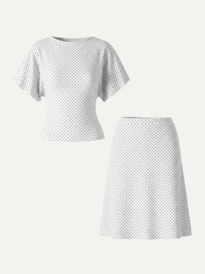 Oglmove 2pcs Set Boatneck Flutter Sleeves Polka Dot Top & A-line Flare Skirt
