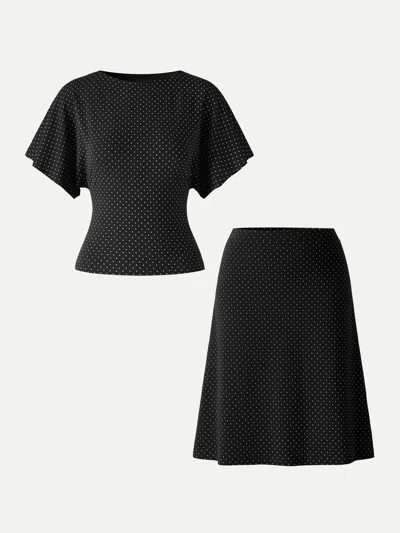 Oglmove 2pcs Set Boatneck Flutter Sleeves Polka Dot Top & A-line Flare Skirt In Multi