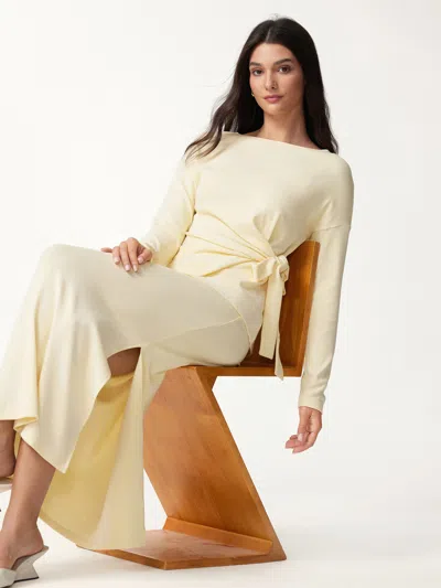 Oglmove 2pcs Set Boatneck Long Sleeve Top & Mid-rise Side-slit Column Midi Skirt In Butter Cream