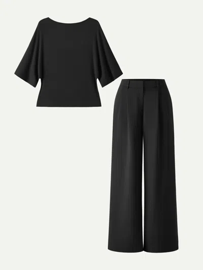 Oglmove 2pcs Set Boatneck Relaxed Top & Wide Leg Pant With Pockets