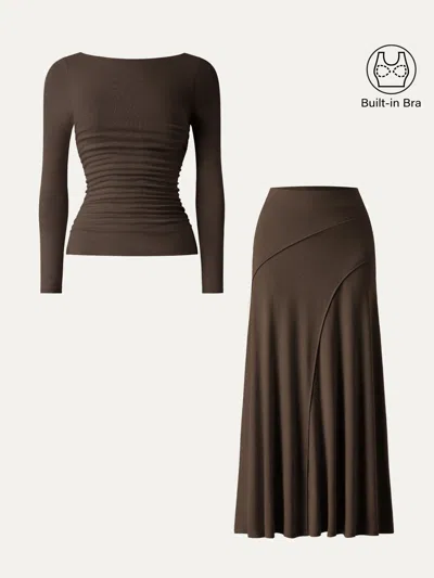 Oglmove 2pcs Set Boatneck Ruched Bra Top & Drapey A-line Maxi Skirt In Espresso