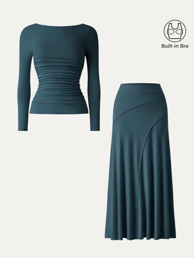 Oglmove 2pcs Set Boatneck Ruched Bra Top & Drapey A-line Maxi Skirt In Forest Night