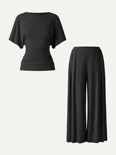 Oglmove 2pcs Set Boatneck Sleeve Top & Wide Leg Palazzo Pant With Pockets In Black