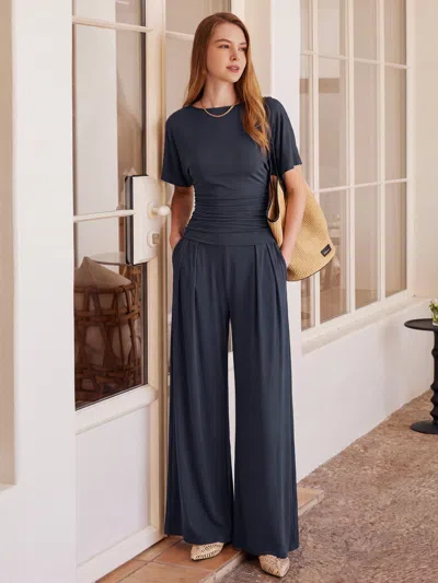 Oglmove 2pcs Set Boatneck Sleeve Top & Wide Leg Palazzo Pant With Pockets In Deep Navy