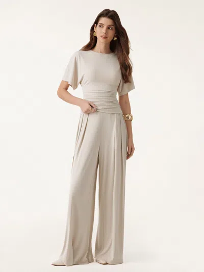 Oglmove 2pcs Set Boatneck Sleeve Top & Wide Leg Palazzo Pant With Pockets In Morning Mist