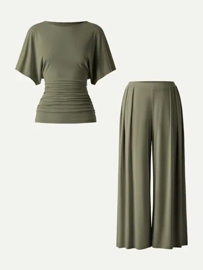 Oglmove 2pcs Set Boatneck Sleeve Top & Wide Leg Palazzo Pant With Pockets In Olive