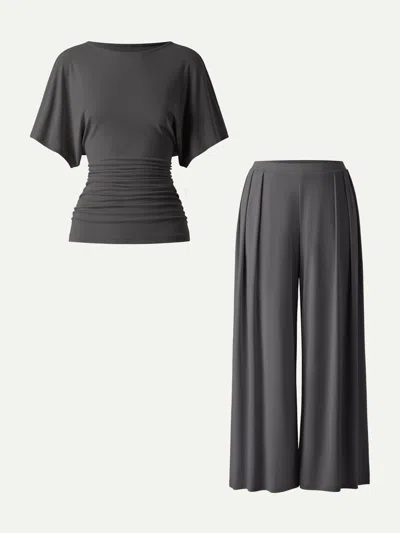 Oglmove 2pcs Set Boatneck Sleeve Top & Wide Leg Palazzo Pant With Pockets In Shadow