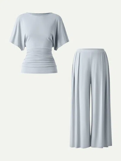 Oglmove 2pcs Set Boatneck Sleeve Top & Wide Leg Palazzo Pant With Pockets In Smoke Blue