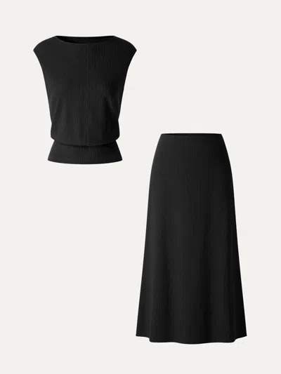 Oglmove 2pcs Set Boatneck Sleeveless Top & Mid-rise A-line Midi Skirt In Black