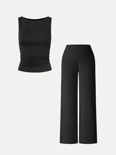 Oglmove 2pcs Set Boat-neck Tank Top & Slimming High Rise Wide Leg Pant In Black