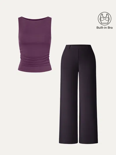 Oglmove 2pcs Set Boat-neck Tank Top & Slimming High Rise Wide Leg Pant In Byzantium/purple Gloam