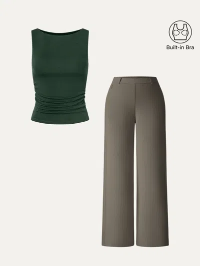 Oglmove 2pcs Set Boat-neck Tank Top & Slimming High Rise Wide Leg Pant In Deep Bush/deep Dry Olive