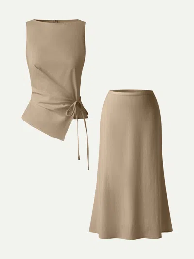 Oglmove 2pcs Set Boatneck Top & Maxi Flared Pull-on Skirt In Khaki Brown
