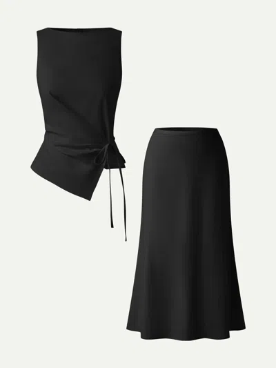 Oglmove 2pcs Set Boatneck Waist-defined Top & Maxi Flared Pull-on Skirt In Black