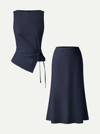 Oglmove 2pcs Set Boatneck Waist-defined Top & Maxi Flared Pull-on Skirt In Blue