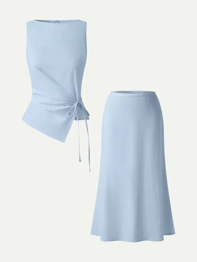 Oglmove 2pcs Set Boatneck Waist-defined Top & Maxi Flared Pull-on Skirt In Blue