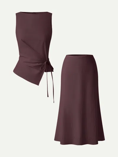 Oglmove 2pcs Set Boatneck Waist-defined Top & Maxi Flared Pull-on Skirt In Purple