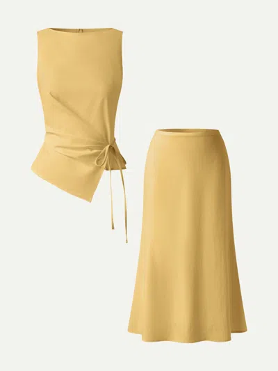 Oglmove 2pcs Set Boatneck Waist-defined Top & Maxi Flared Pull-on Skirt In Yellow