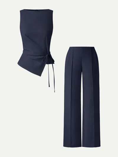 Oglmove 2pcs Set Boatneck Waist-defined Top & Pintuck Wide Leg Pants In Blue