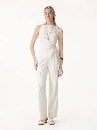 Oglmove 2pcs Set Boatneck Waist-defined Top & Pintuck Wide Leg Pants In White