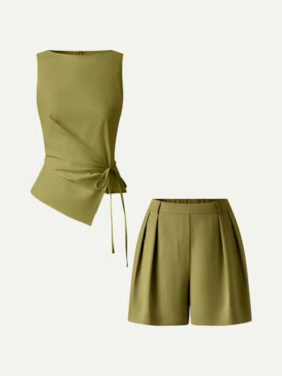 Oglmove 2pcs Set Boatneck Waist-defined Top & Tailored Shorts With Pockets
