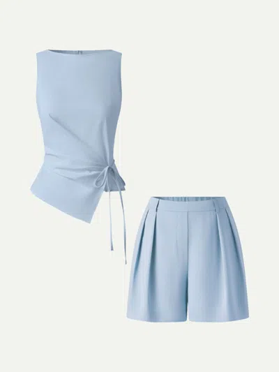 Oglmove 2pcs Set Boatneck Waist-defined Top & Tailored Shorts With Pockets In Blue