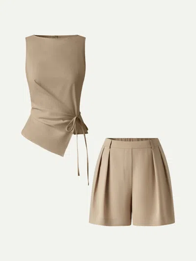 Oglmove 2pcs Set Boatneck Waist-defined Top & Tailored Shorts With Pockets In Brown