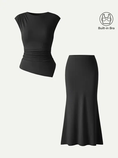 Oglmove 2pcs Set Cap Sleeve Asymmetrical Bra Top & Mermaid Flare Maxi Skirt In Black