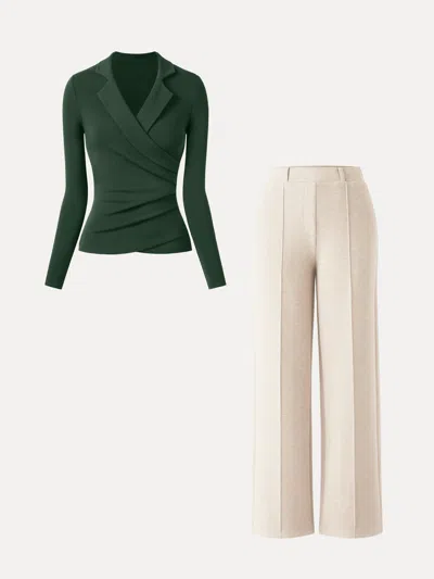 Oglmove 2pcs Set Collared Surplice Top & High Waisted Straight Leg Pull On Pant In Deep Bush/heather Beige