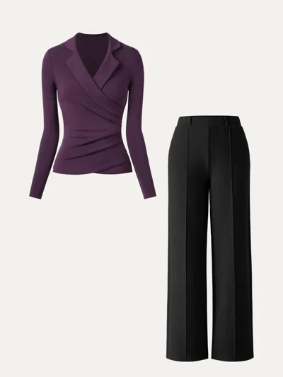 Oglmove 2pcs Set Collared Surplice Top & High Waisted Straight Leg Pull On Pant In Deep Fig/black