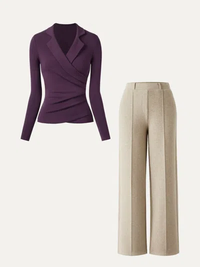 Oglmove 2pcs Set Collared Surplice Top & High Waisted Straight Leg Pull On Pant In Deep Fig/heather Morganite