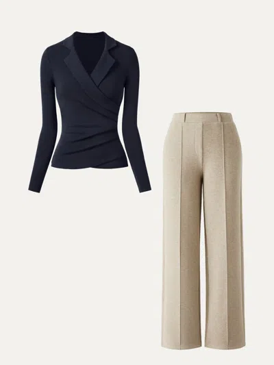 Oglmove 2pcs Set Collared Surplice Top & High Waisted Straight Leg Pull On Pant In Midnight Navy/heather Morganite