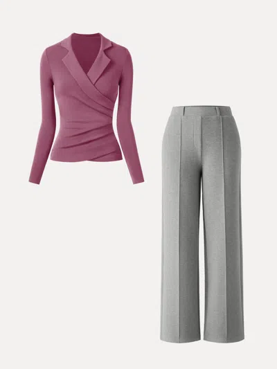 Oglmove 2pcs Set Collared Surplice Top & High Waisted Straight Leg Pull On Pant In Rose/heather Grey