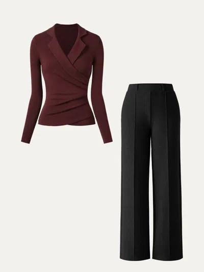 Oglmove 2pcs Set Collared Surplice Top & High Waisted Straight Leg Pull On Pant In Ruby/black