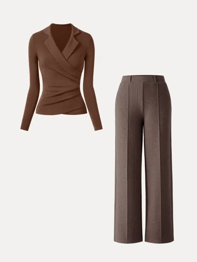 Oglmove 2pcs Set Collared Surplice Top & High Waisted Straight Leg Pull On Pant In Sweet Hazelnut/chocolate Brown