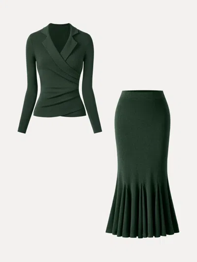Oglmove 2pcs Set Collared Surplice Top & High-rise Mermaid Midi Skirt In Green
