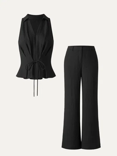 Oglmove 2pcs Set Collared V-neck Sleeveless Top & Mid Rise Flared Pant With Pockets In Black