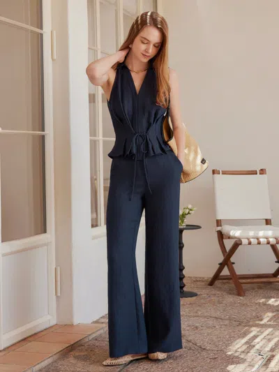 Oglmove 2pcs Set Collared V-neck Sleeveless Top & Mid Rise Flared Pant With Pockets In Blue