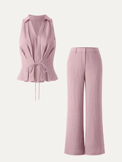 Oglmove 2pcs Set Collared V-neck Sleeveless Top & Mid Rise Flared Pant With Pockets In Pink