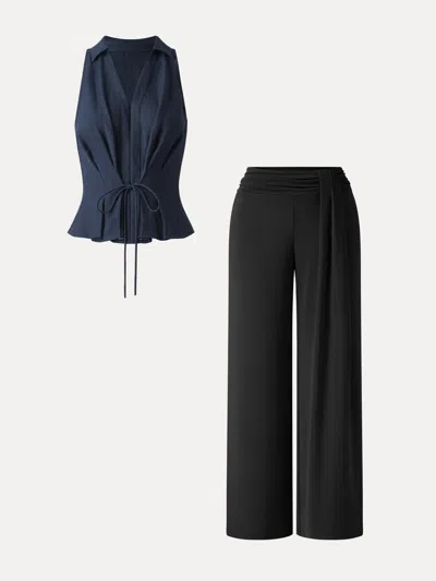 Oglmove 2pcs Set Collared V-neck Top & Mid-rise Wide-leg Lounge Pants In Denim Navy/black